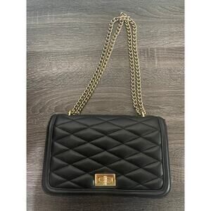 Express Quilted Chain Strap Shoulder Crossbody Bag Black Gold Turn Lock USED